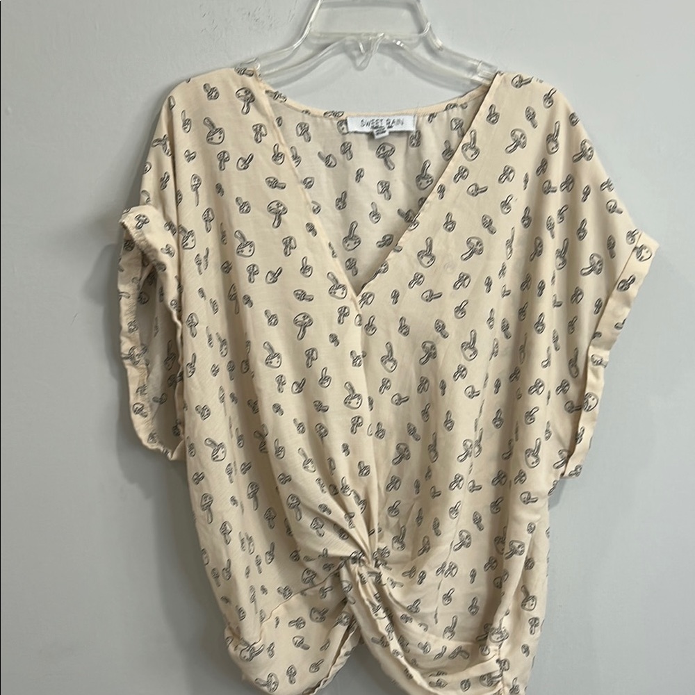 Sweet Rain Cream Short Sleeve Tie Front Blouse